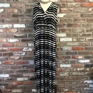Susan Lawrence Women's Striped Lace Print Black Ivory V-neck Maxi Dress 2X